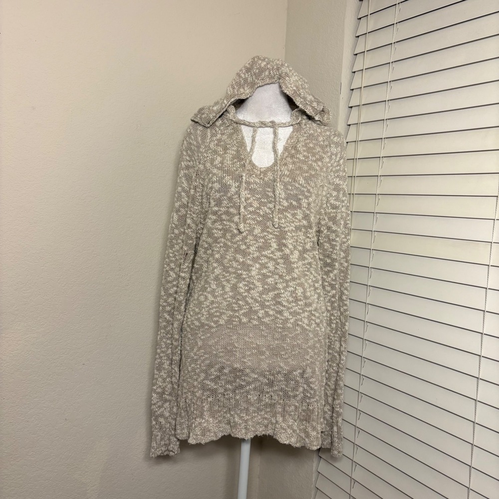 Cottagecore Lagenlook Marled Linen Blend Knit Hoodie Sweater Oatmeal Tan Size‎ L